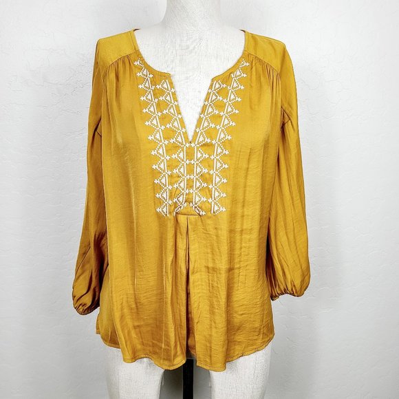 Dolan Anthro Mustard Embroidered Silky Blouse - Picture 1 of 6